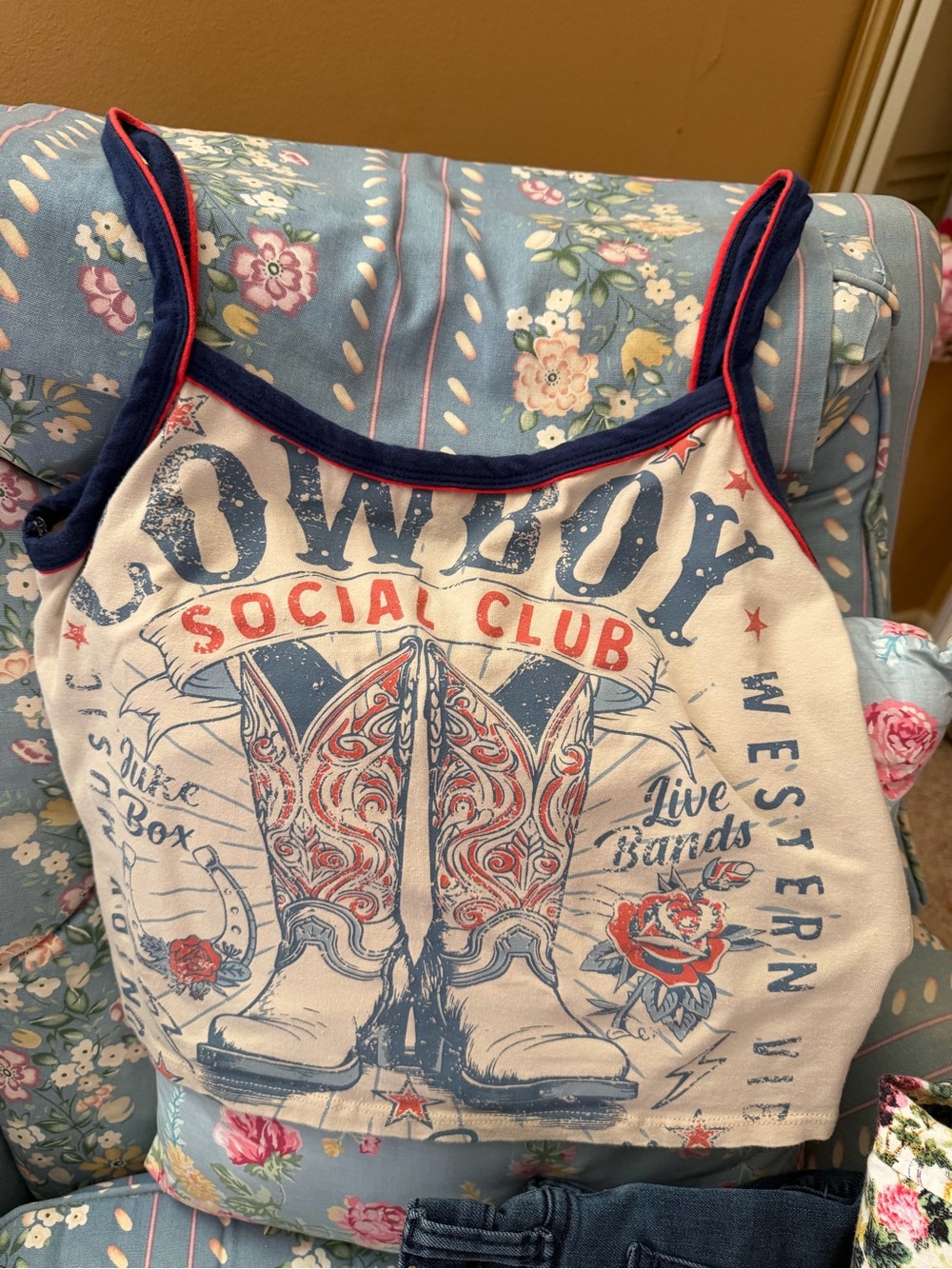 Cowboy Social Club Women's Graphic Crop Tank - White with Navy & Red Trim